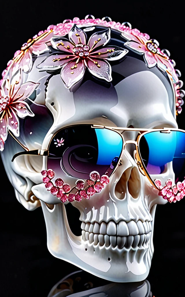 High quality, 8K Ultra HD, The cherry blossom pattern inside the skull is made of transparent glass crystals with geometric surfaces, high detal,ultra-realistic, shimmers with a captivating brilliance,Wearing sunglasses