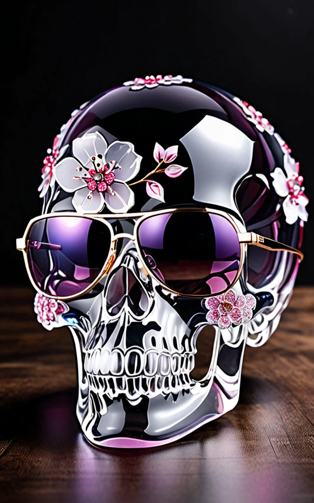 High quality, 8K Ultra HD, The cherry blossom pattern inside the skull is made of transparent glass crystals with geometric surfaces, high detal,ultra-realistic, shimmers with a captivating brilliance,Wearing sunglasses