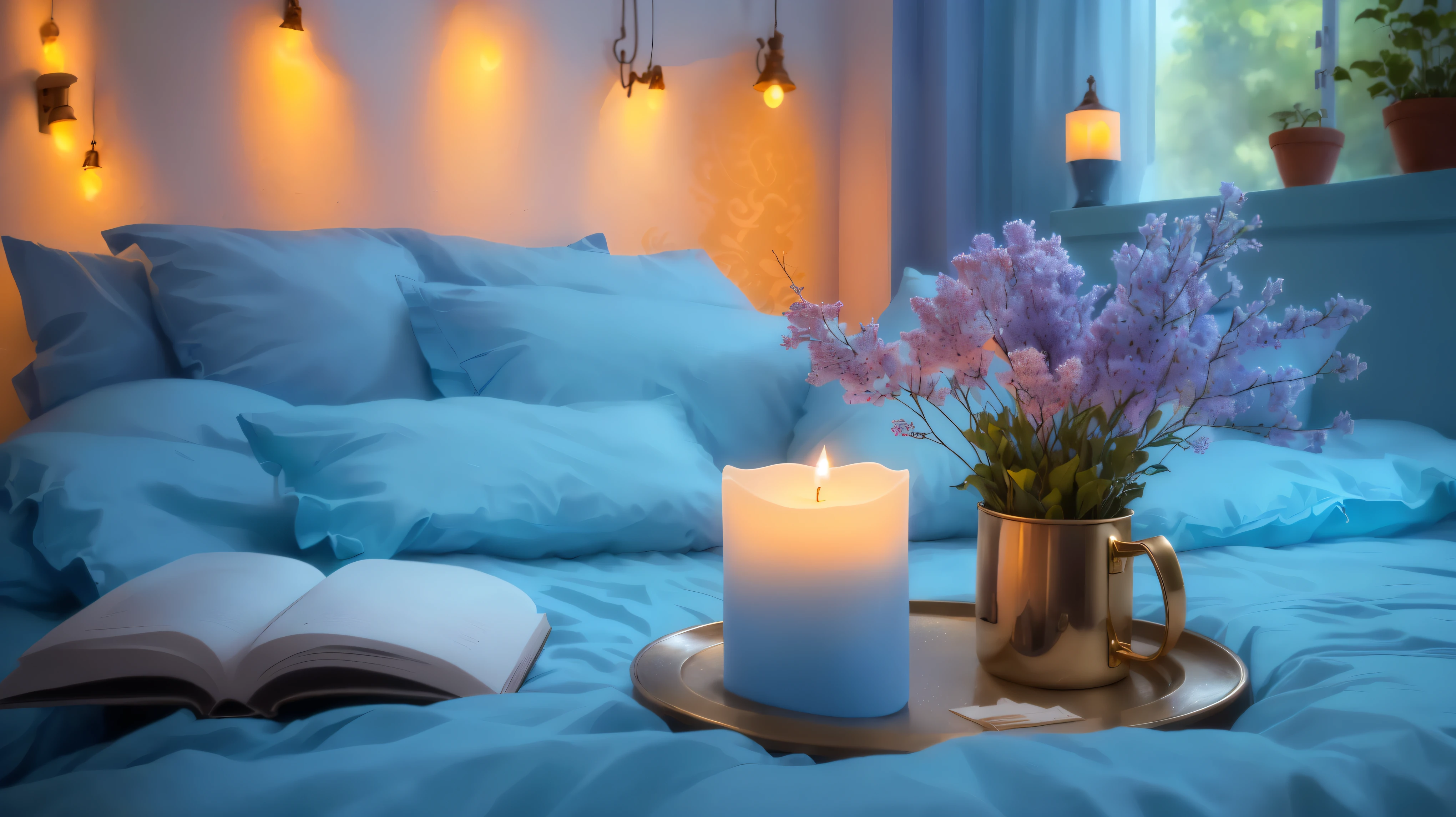 A bed with a blue duvet has a candle and a book on it, cozy and Peaceful atmosphere, Relaxed atmosphere, Peaceful atmosphere, Romantic atmosphere, relaxed mood, Romantic atmosphere, Cozy and calm, Beautiful atmosphere, Beautiful atmosphere, Peaceful atmosphere, Pleasant atmosphere, Cozy candlelight, beautiful and soft lighting, Cozy atmosphere, Candlelit