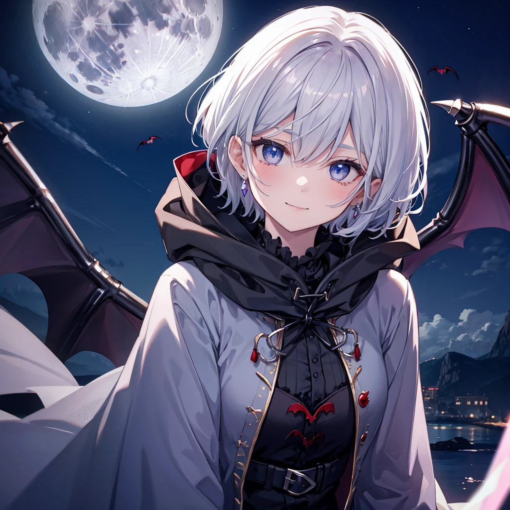 ((((vampire　Inflammation))))　(((Gray Hair　short hair　blue eyes　woman　Center close-up)))，((night　full moon　My own big wings))，(Wearing a hood　Black camisole　Purple light　Wearing a cloak)，　A strained smile　Shining Background　Shining Edges