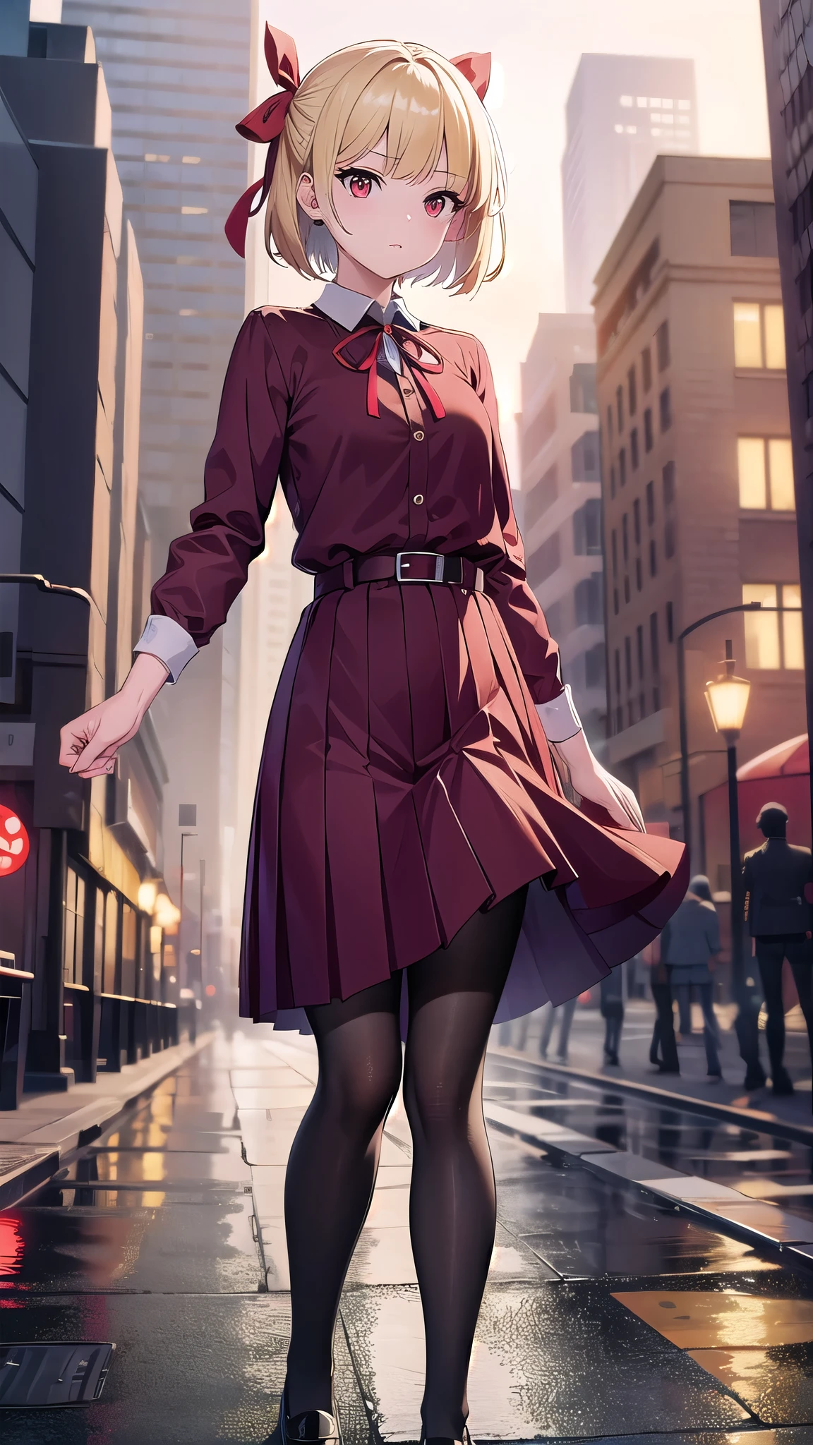 chisatonishikigi, nishikigi chisato, short hair, bangs, blonde hair, (red eyes:1.5), hair ribbon, one side up, bob cut, BREAK shirt, long sleeves, dress, ribbon, white shirt, collared shirt, belt, neck ribbon, red dress, blue ribbon, pleated dress, grey dress, two-tone dress, red belt, lycoris uniform,pantyhose,wet shirt,bra vissible, BREAK outdoors,BREAK looking at viewer, BREAK (masterpiece:1.2), best quality, high resolution, unity 8k wallpaper, (illustration:0.8), (beautiful detailed eyes:1.6), extremely detailed face, perfect lighting, extremely detailed CG, (perfect hands, perfect anatomy),city, night, wet road, reflections,from below, full body shot.