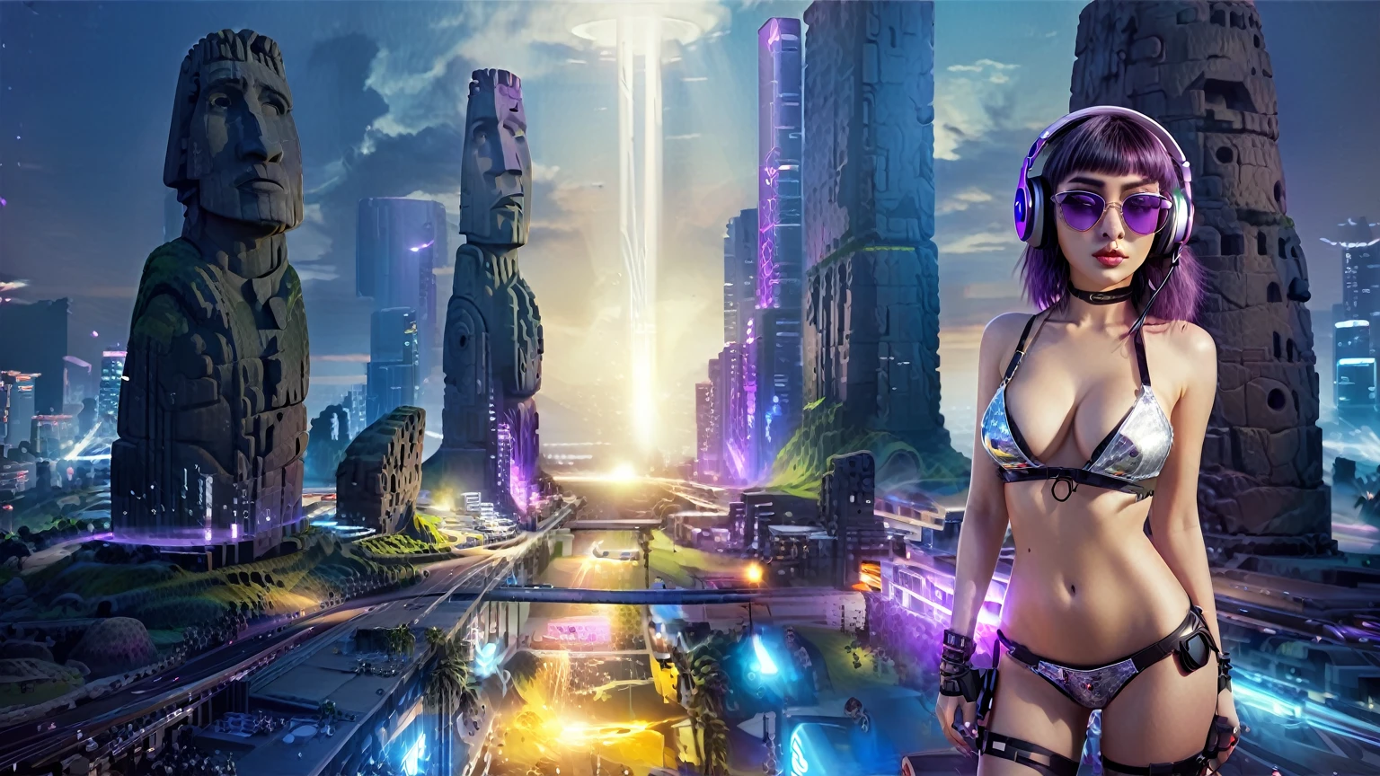masterpiece, best quality, high resolution, 8k, (Portrait Photos:1.5), (R Original Photo), real picture, Digital Photography, (A fusion of cyberpunk and fantasy), 20 year old girl, solo, (((black sunglasses, headphone))), Feel free to hairstyle, Purple Eyes, By Bangs, (large , cleavagsories, Elegant and charming, Combination of cyberpunk and fantasy style clothing, Hollow carving design, Photo poses, Realistic style, (((((((pistol shooting pose))))))), oc render reflection texture, sentry, (((((Cyberpunk style future city, giant (Easter Island Moai) shaped buildings))))), night, Bustling streets, (((((half-body (thigh level) medium shot))))).