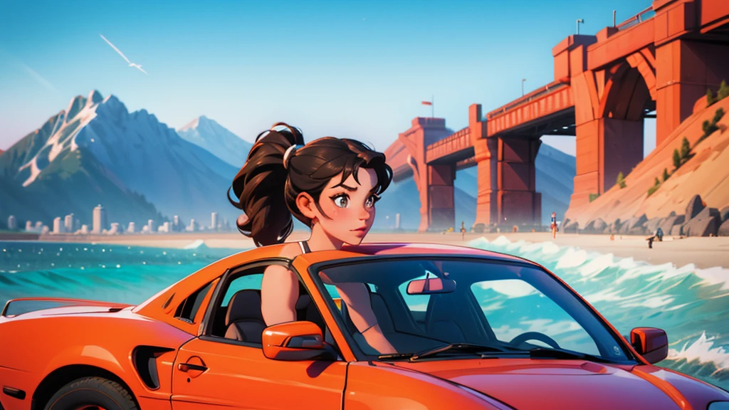 A beach road with a brunette woman in her 20s driving a sports car, ponytail, 1 woman, side