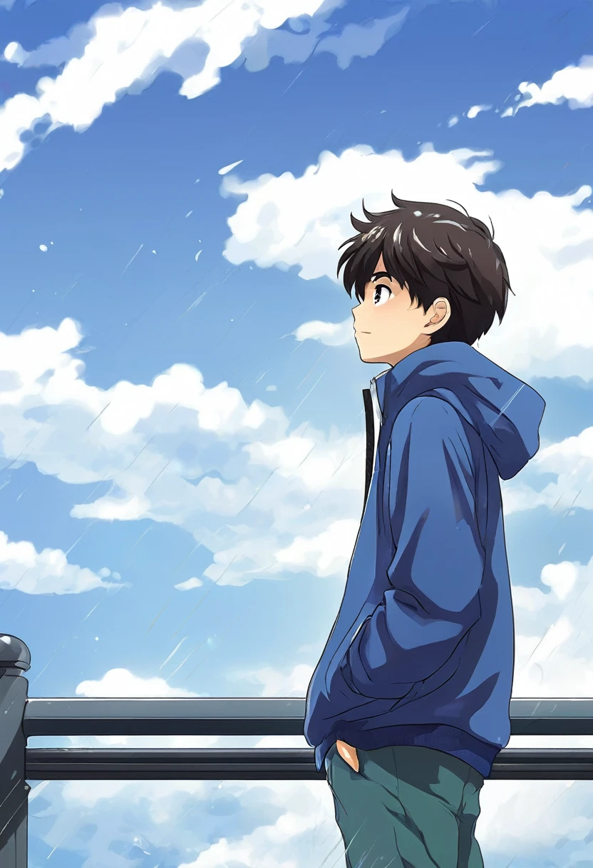 a young teenager was standing alone with his face staring at the cloudy sky, manga style,