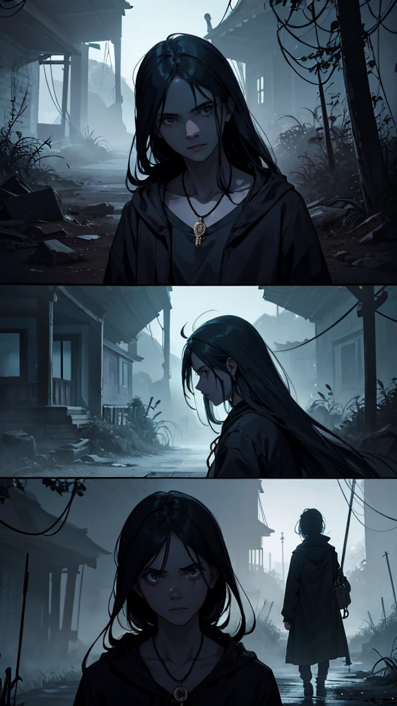 Background: one of West Bengal abandoned village at night with eerie, dilapidated houses. The village should have an overgrown, deserted look. Atmosphere of the village should be enveloped in a haunting mist, with flickering lanterns casting eerie shadows. An old woman with a sinister look, transforming into a witch. The witch should have a menacing, otherworldly aura. Silhouette style.
Main Image: A young man figure, visibly scared, He should have a talisman (Maduli) around his neck. Another figure as both a person and a ghostly figure. Detailed expression both of this figure. One of them are doing vlog with his phone bt his face was shocked.
Lighting and Colors: Predominantly dark tones with bluish hues to create a chilling and suspenseful atmosphere. Highlight the facial expressions and supernatural elements with contrasting colors to enhance the eerie feeling.