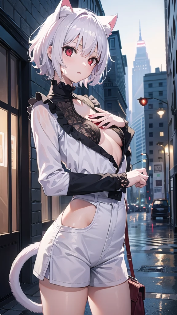 neferpitou, neferpitou, short hair, (red eyes:1.5), long sleeves, animal ears, tail, white hair, shorts, cat ears, cat tail, curly hair, (small :1.2), BREAK looking at viewer, BREAK outside, BREAK (masterpiece:1.2), best quality, high resolution, unity 8k wallpaper, (illustration:0.8), (beautiful detailed eyes:1.6), extremely detailed face, perfect lighting, extremely detailed CG, (perfect hands, perfect anatomy),city, night, wet road, reflections,from below, full body shot.