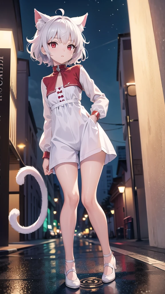 neferpitou, neferpitou, short hair, (red eyes:1.5), long sleeves, animal ears, tail, white hair, shorts, cat ears, cat tail, curly hair, (small breast:1.2), BREAK looking at viewer, BREAK outside, BREAK (masterpiece:1.2), best quality, high resolution, unity 8k wallpaper, (illustration:0.8), (beautiful detailed eyes:1.6), extremely detailed face, perfect lighting, extremely detailed CG, (perfect hands, perfect anatomy),city, night, wet road, reflections,from below, full body shot.
