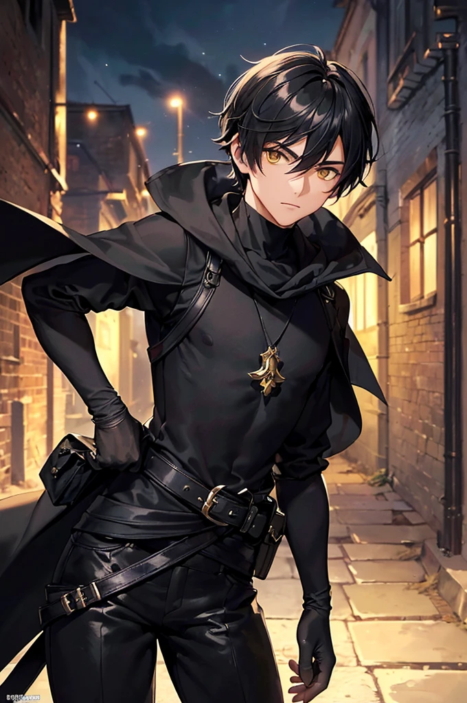 (masterpiece; best quality: 1.2), (finely detailed eyes: 1.3), ((25 year old man)), ((solo)), (yellow eyes: 1.4), (body; lithe, lean, slender: 1.3), (very short black hair: 1.3), (beautiful and clear background: 1.2), ((depth of field)), (clothes: black assassin attire + black high-neck tunic + black pants + black gloves + black cloak + belts + traveler pouches and satchel: 1.3), (anime illustration: 1.2), (background; medieval slums alleyway + night: 1.1), (extremely fine and handsome: 1.1), (shot composition; standing + centered on torso + close-up: 1.5), (expression; calm, stoic: 1.2)