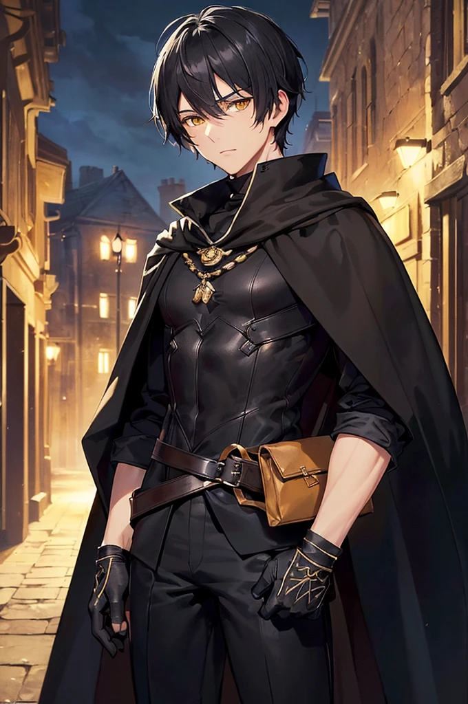 (masterpiece; best quality: 1.2), (finely detailed eyes: 1.3), ((25 year old man)), ((solo)), (yellow eyes: 1.4), (body; lithe, lean, slender: 1.3), (very short black hair: 1.3), (beautiful and clear background: 1.2), ((depth of field)), (clothes: black assassin attire + black high-neck tunic + black pants + black gloves + black cloak + belts + traveler pouches and satchel: 1.3), (anime illustration: 1.2), (background; medieval slums alleyway + night: 1.1), (extremely fine and handsome: 1.1), (shot composition; standing + centered on torso + close-up: 1.5), (expression; calm, stoic: 1.2)