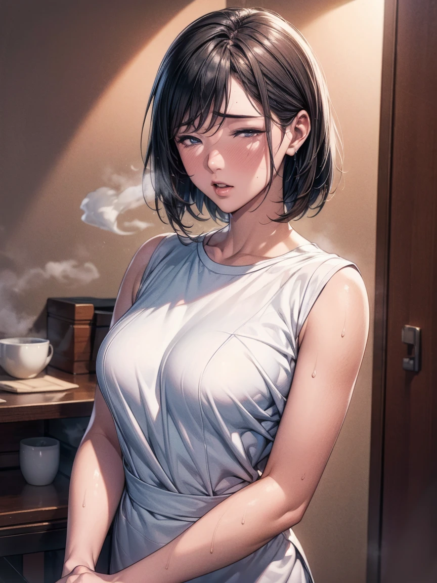 (extremely detailed CG unity 8k wallpaper), (masterpiece), (best quality), (ultra-detailed), (best illustration), (best shadow), (absurdres), BREAK girl, shy, embarrassed, sweat, steam, medium breast, looking at viewer, 