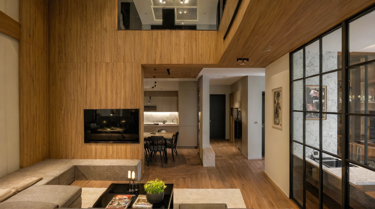 Raw photo, Masterpiece, high quality, best quality, authentic, super detail, interior, indoors,  style modern, minimalist line, wooden, oak wood, led light, beige paint wall, sofa, atrium, LIVING ROOM, PEN HOUSE, kitchen, island kitchen, alu window, japan style, wasabi style, Jen style, steel stair, glass railing