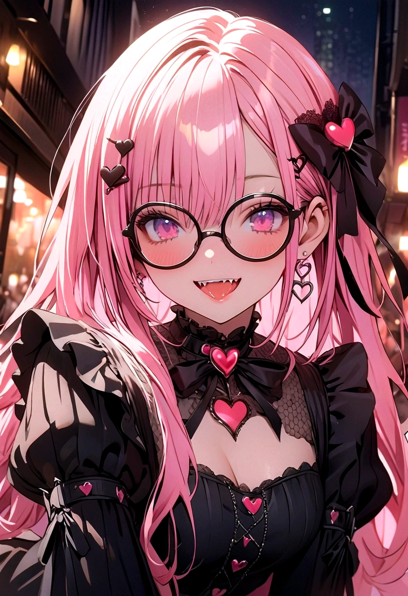 woman\((Lovely,Eye mask\(very Lovely, Gothic fashion,Heart mark\):1.3),12 years old,skin\(White,pale,Smooth,Silky,shining\),Eye\(beautiful,Many star-shaped highlights\),make up\(pink\),(Smile:1.3),open mouth,Sharp Teeth,Long tongue,hair\(pink,Double tail,floating,Rolled,detailed,shining\),hairclip\(Heart\),Costumes\(pink colored gothic lolita\),eye angle\(pink:1.3\),(narrow Eye),very Lovely pose,(Chest:1.3),Open lysis, Lovely hand sign\), rest ,background\(Harajuku\(Tokyo,Japan\),night,Lovely,want to,dark\), rest ,quality\(8K,wallpaper of extremely detailed CG unit, masterpiece,high resolution,top-quality,top-quality real texture skin,Surrealism,提high resolution,original photo,Best quality,highly detailed,wallpaper,light,Ray Tracing,Golden Ratio\),(Dynamic Angle),(Close-up of face:1.3),Looking down at the audience,From below,Better Hands
