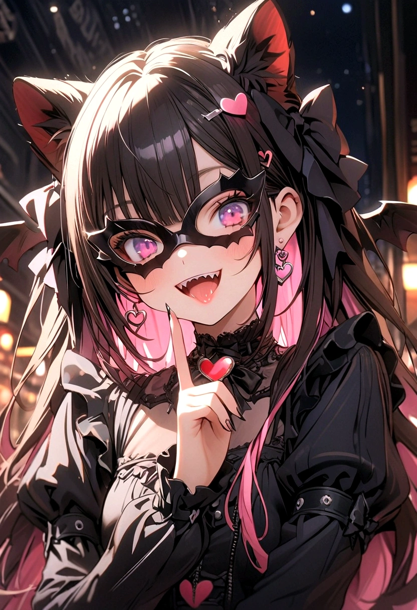 woman\((Lovely,Eye mask\(very Lovely, Gothic fashion,Heart mark\):1.3),12 years old,skin\(White,pale,Smooth,Silky,shining\),Eye\(beautiful,Many star-shaped highlights\),make up\(pink\),(Smile:1.3),open mouth,Sharp Teeth,Long tongue,hair\(pink,Double tail,floating,Rolled,detailed,shining\),hairclip\(Heart\),Costumes\(pink colored gothic lolita\),eye angle\(pink:1.3\),(narrow Eye),very Lovely pose,(Chest:1.3),Open lysis, Lovely hand sign\), rest ,background\(Harajuku\(Tokyo,Japan\),night,Lovely,want to,dark\), rest ,quality\(8K,wallpaper of extremely detailed CG unit, masterpiece,high resolution,top-quality,top-quality real texture skin,Surrealism,提high resolution,original photo,Best quality,highly detailed,wallpaper,light,Ray Tracing,Golden Ratio\),(Dynamic Angle),(Close-up of face:1.3),Looking down at the audience,From below,Better Hands