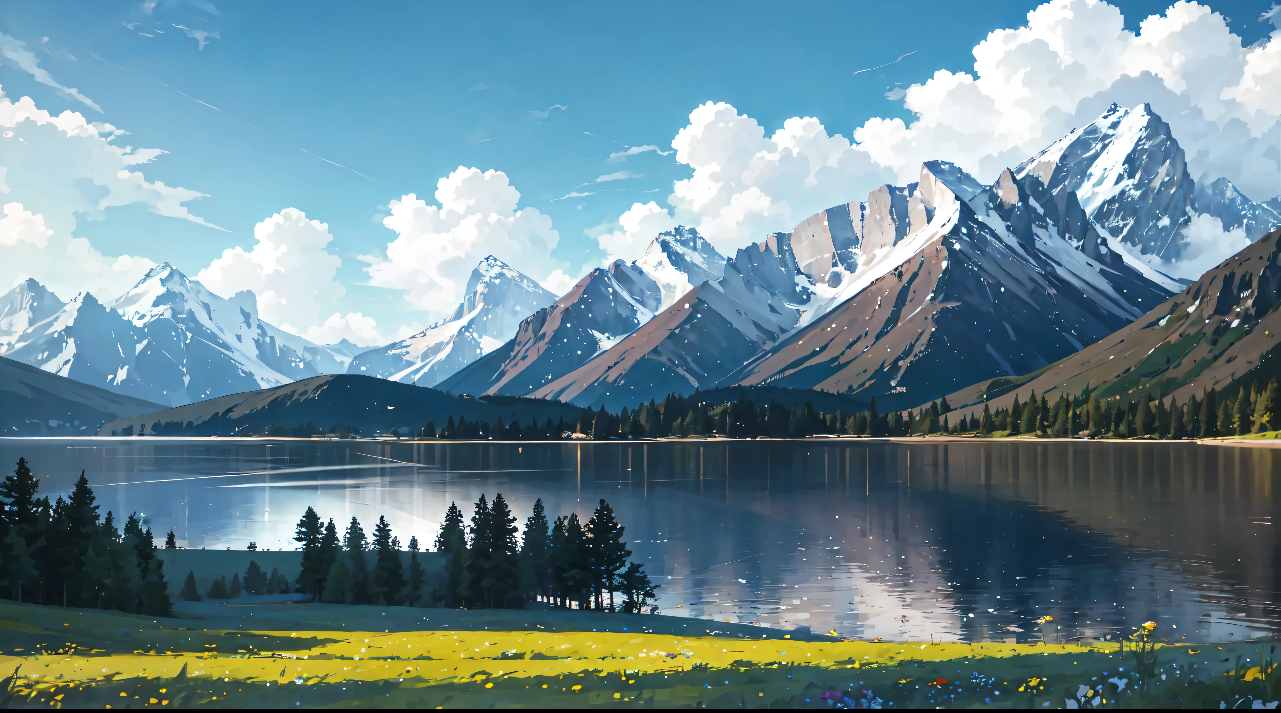 summer, grassland, A few small flowers, Clear lake, sheep, Heaven, Big Cloud, Blue sky, Hot weather, High-resolution details, Wet watermark, Ultra Detail, Movie, Surrealism, Soft Light, Deep field focus bokeh, The vista is snow-capped mountains, Ray Tracing, and Surrealism. 