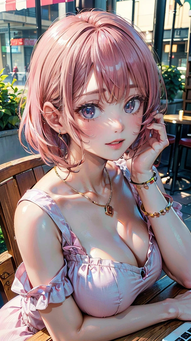 (Masterpiece, BestQuality:1.3), (ultra detailed:1.2), (hyperrealistic:1.3), (RAW photo:1.2), High detail RAW color photo, professional photograph, (Photorealistic:1.4), (realistic:1.4), (Pink Hair:1.5), professional lighting, perfect anatomy, (Big Breasts:1.2), (blush, detailed face), (A happy smile:1.7), Trending Hair&Trending Hairカラーをランダムに, earrings, necklace, bracelet, sexly, erotic sexly, Random sexy gravure poses, (A woman wearing a casual dress on a cafe terrace、Looking at the camera and smiling。With short hair、Hands on the table。:1.3)