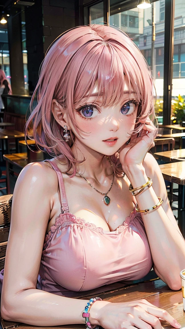 (Masterpiece, BestQuality:1.3), (ultra detailed:1.2), (hyperrealistic:1.3), (RAW photo:1.2), High detail RAW color photo, professional photograph, (Photorealistic:1.4), (realistic:1.4), (Pink Hair:1.5), professional lighting, perfect anatomy, (Big Breasts:1.2), (blush, detailed face), (A happy smile:1.7), Trending Hair&Trending Hairカラーをランダムに, earrings, necklace, bracelet, sexly, erotic sexly, Random sexy gravure poses, (A woman wearing a casual dress on a cafe terrace、Looking at the camera and smiling。With short hair、Hands on the table。:1.3)