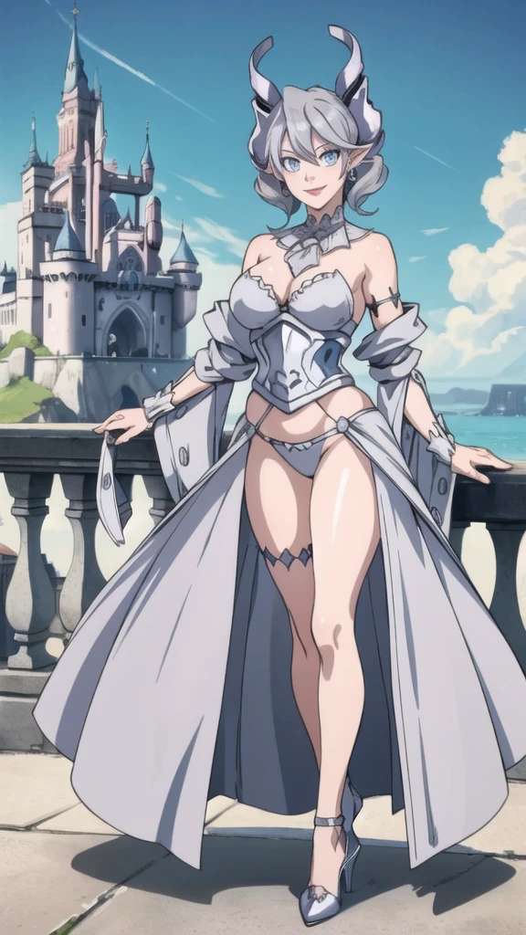 Outside castle top High level image quality best image quality 8K adult woman silver castle outside more colors whole body view portrait bikini horn ears short hair((shortcut)(gray hair)(perm)(fluffy)) eye color is blue , , attractive evil face , smile , sexy pose , labrynth , barearm , wearing pink , standing , crossed legs, view heels , view below