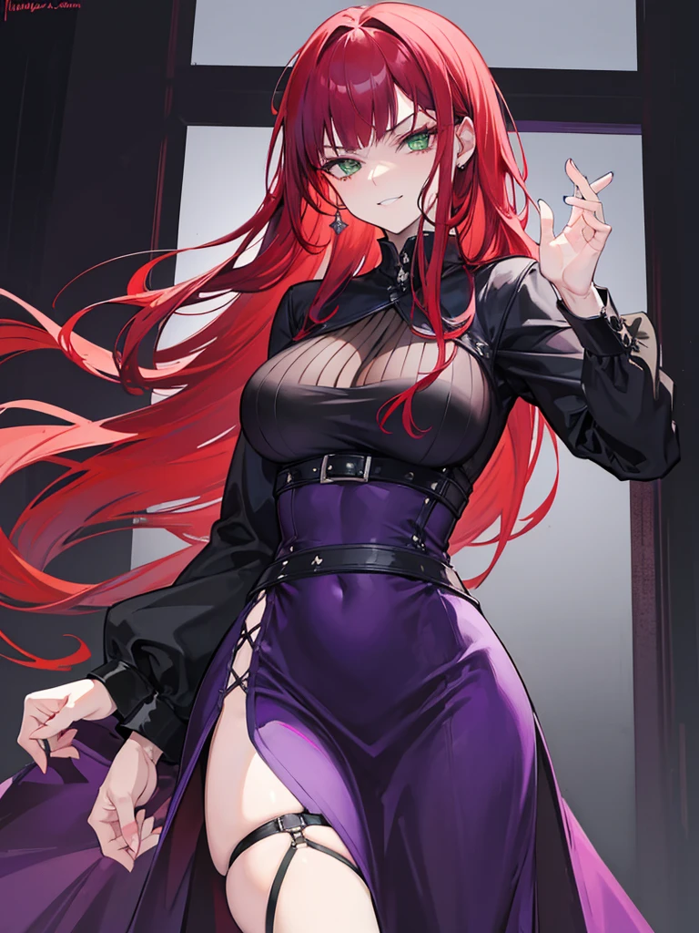 woman, green eyes, long red hair, bangs. she hair wavy. wear purple black dress, arrogant, independent woman, thug. bad girl. intimidating women. background in mansion. mature woman. mafia. arrogant smile. in night