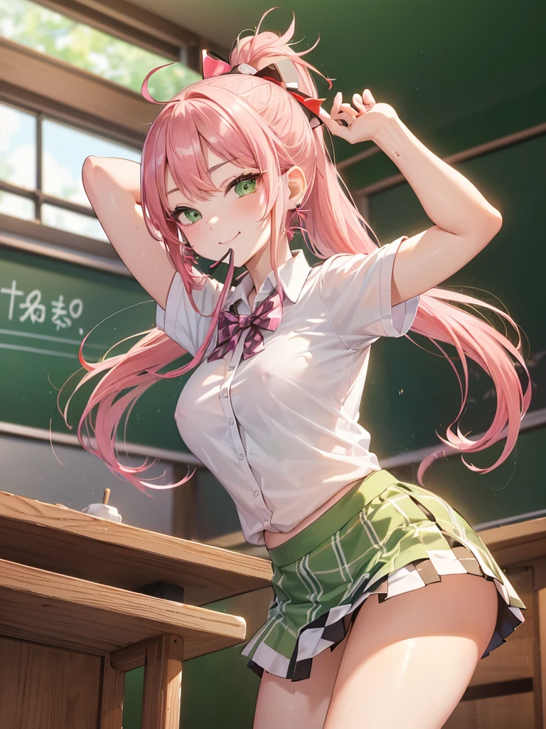 (A beautiful young Japanese woman), nsfw, Detailed Background, (((独奏))), ((Excellent anatomy: 1.2)), (Pink Hair, ponytail), Big Tits, (green eyes), (Beautiful Eyes), (((White short sleeve shirt, bow, Checkered mini skirt))), Earrings, Sexy smile, (Classroom during break time:1.5), arms up, Beautiful thighs, Hold a hair tie in your mouth