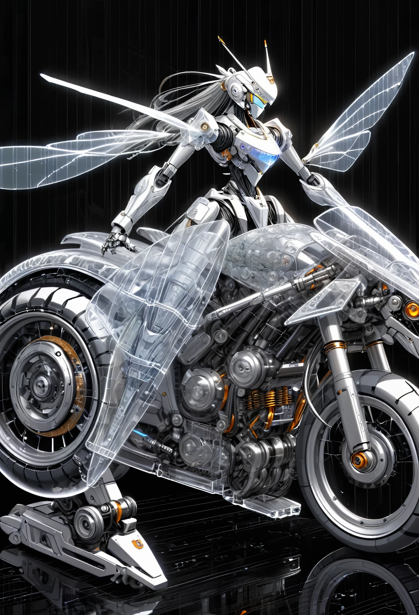 best quality, super fine, 16k, incredibly absurdres, extremely detailed, 2.5D, delicate and dynamic depiction, mecha robot that transforms into a motorcycle, a mecha robot that transforms into a motorcycle, translucent, transparent, ascii_art, robot