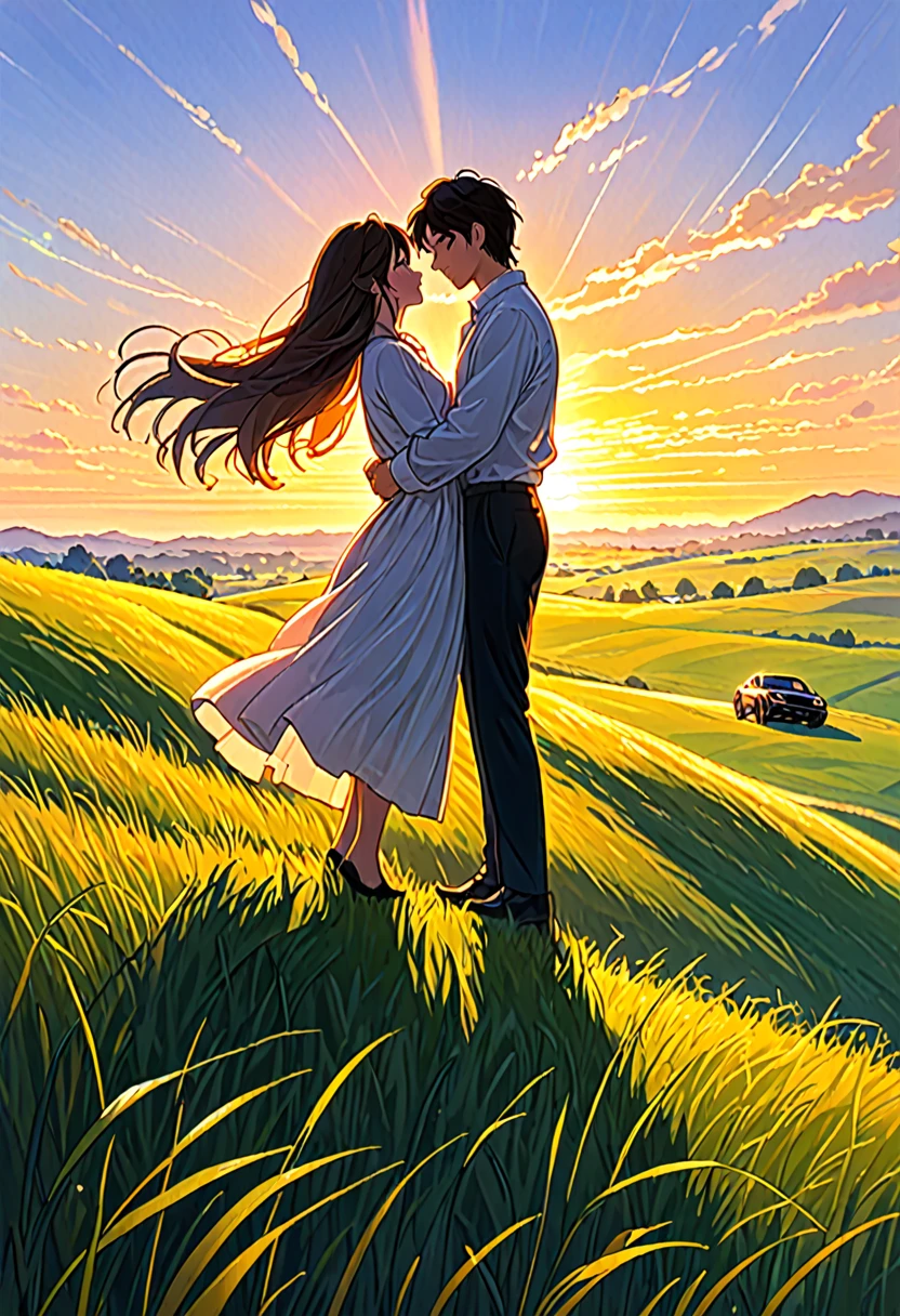 A pair of youthful lovers stand atop a sunlit hill overlooking a vast expanse of grassland, the vibrant sun casting a warm orange glow. In the distance, a sleek black JDM car adds a modern touch to the serene landscape. This picturesque scene, likely a photograph, captures the couple's idyllic moment perfectly. The man exudes youthful vitality, his tousled hair catching the sunlight, while the girl radiates a sense of gentle beauty, the wind gently tousling her flowy attire. Their body language speaks of intimacy and affection, painting a scene of young love in all its purity and innocence. Each detail is rendered with exquisite attention, from the blades of grass underfoot to the horizon stretching out into the distance, creating a visually stunning snapshot of a fleeting moment of romance.