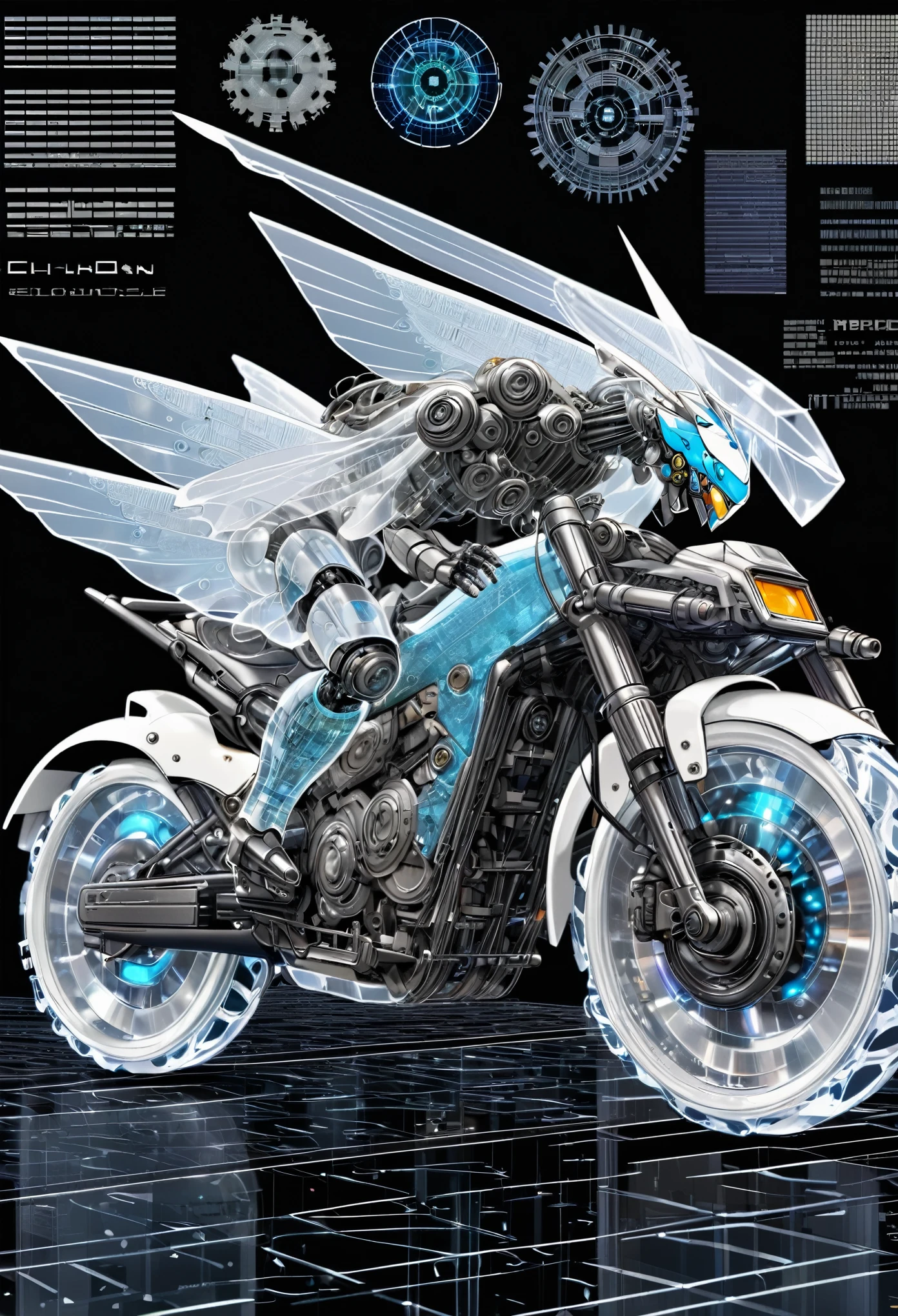 best quality, super fine, 16k, incredibly absurdres, extremely detailed, 2.5D, delicate and dynamic depiction, mecha robot that transforms into a motorcycle, a mecha robot that transforms into a motorcycle, translucent, transparent, ascii_art, robot, background analyzer lab room