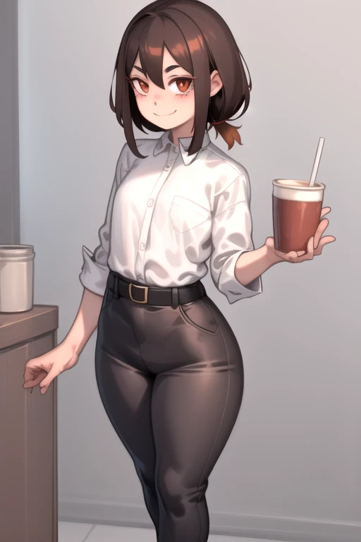 whole body, 1 girl, standing alone, chestnut hair, ssmile, looking to the down, secretary, Eyes red, cups, detailded , pants, waist belt, thick thighs, shorth hair, Bblack hair, white shirt, black pants, KelvinHiuArtist hair ,flat-colors, ,outline,