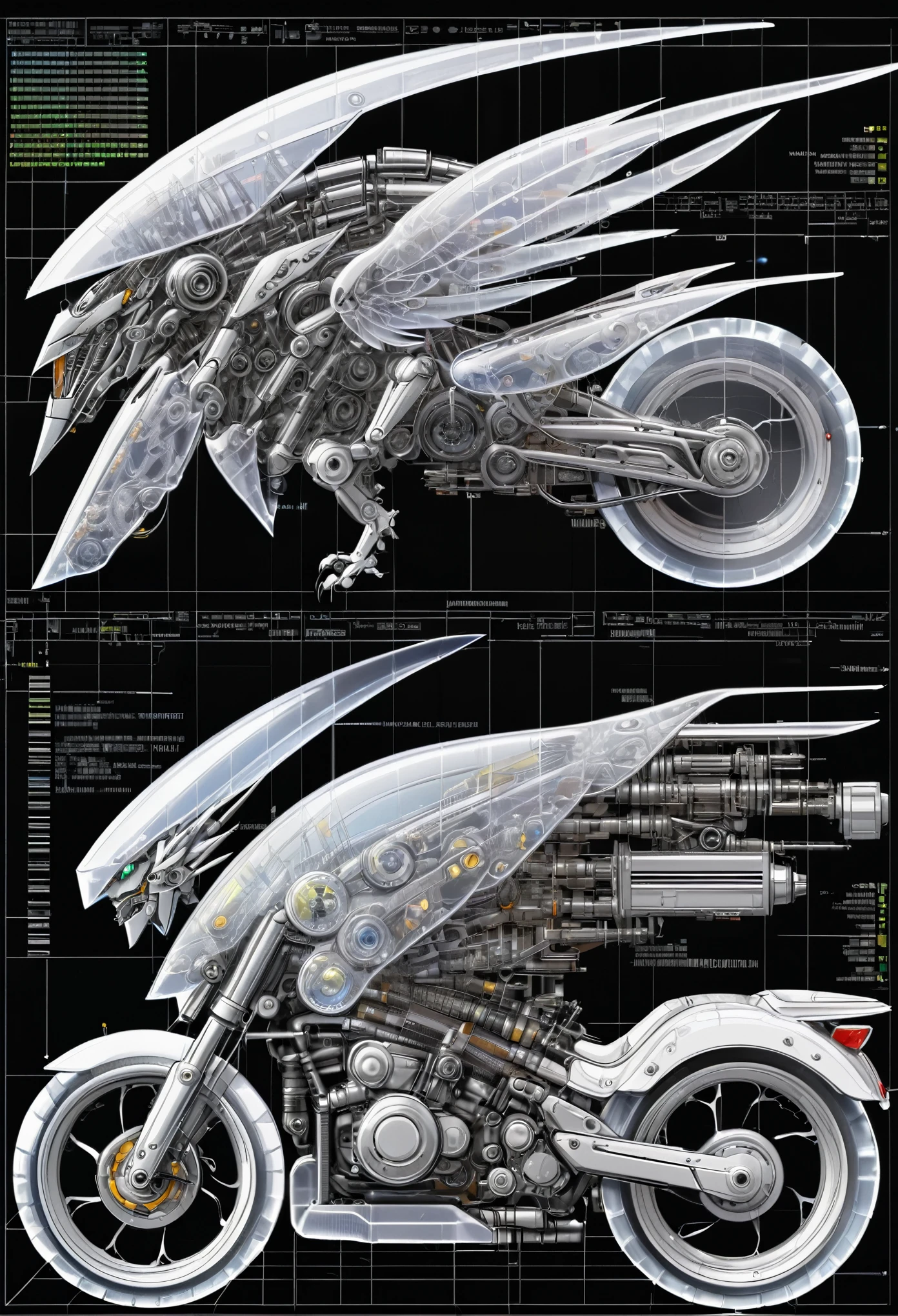 best quality, super fine, 16k, incredibly absurdres, extremely detailed, 2.5D, delicate and dynamic depiction, mecha robot that transforms into a motorcycle, a mecha robot that transforms into a motorcycle, translucent, transparent, ascii_art, robot, background analyzer lab room