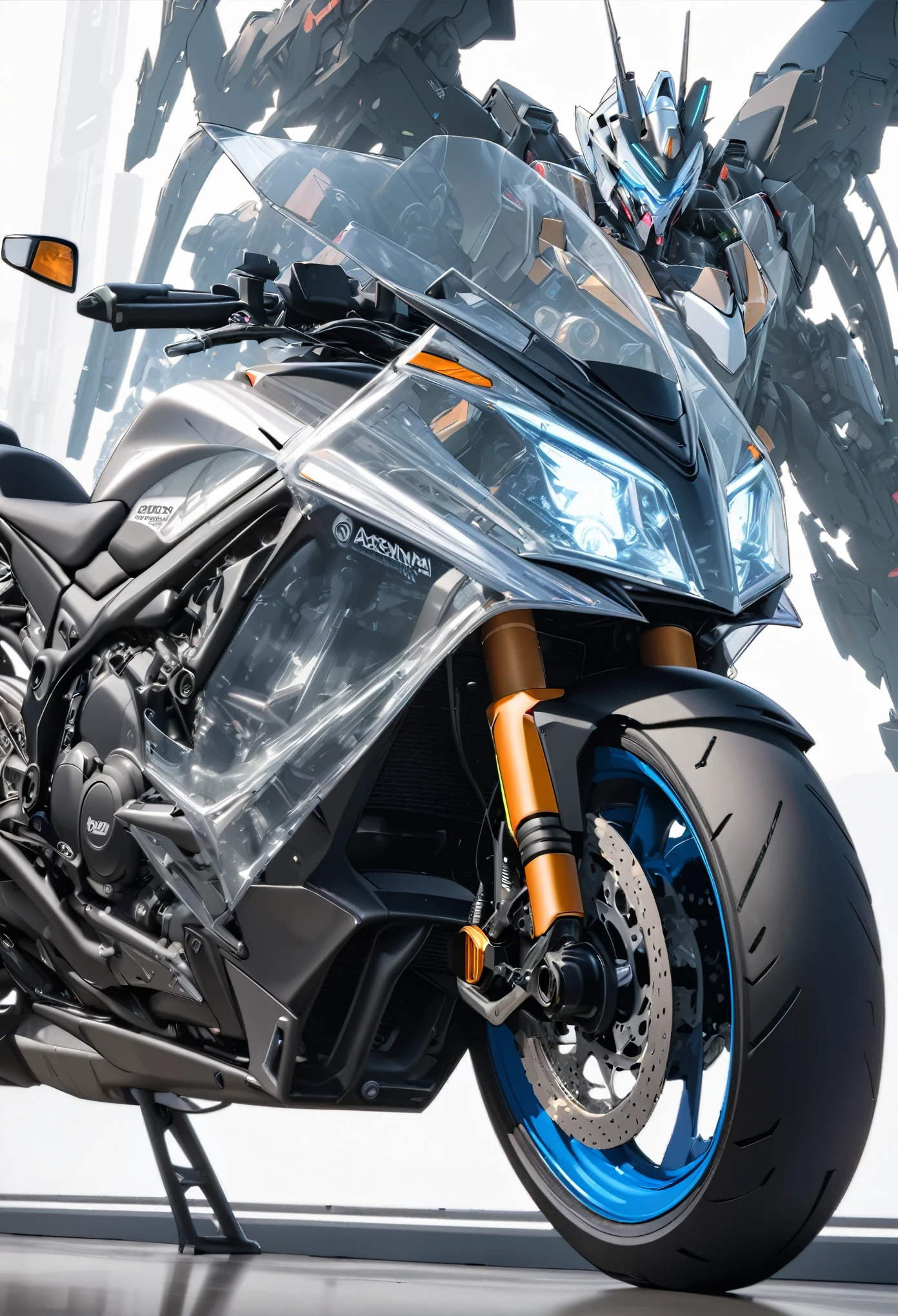 best quality, super fine, 16k, incredibly absurdres, extremely detailed, 2.5D, delicate and dynamic depiction, mecha robot that transforms into a motorcycle, a mecha robot that transforms into a motorcycle, translucent, transparent, ascii_art, robot, background analyzer lab room