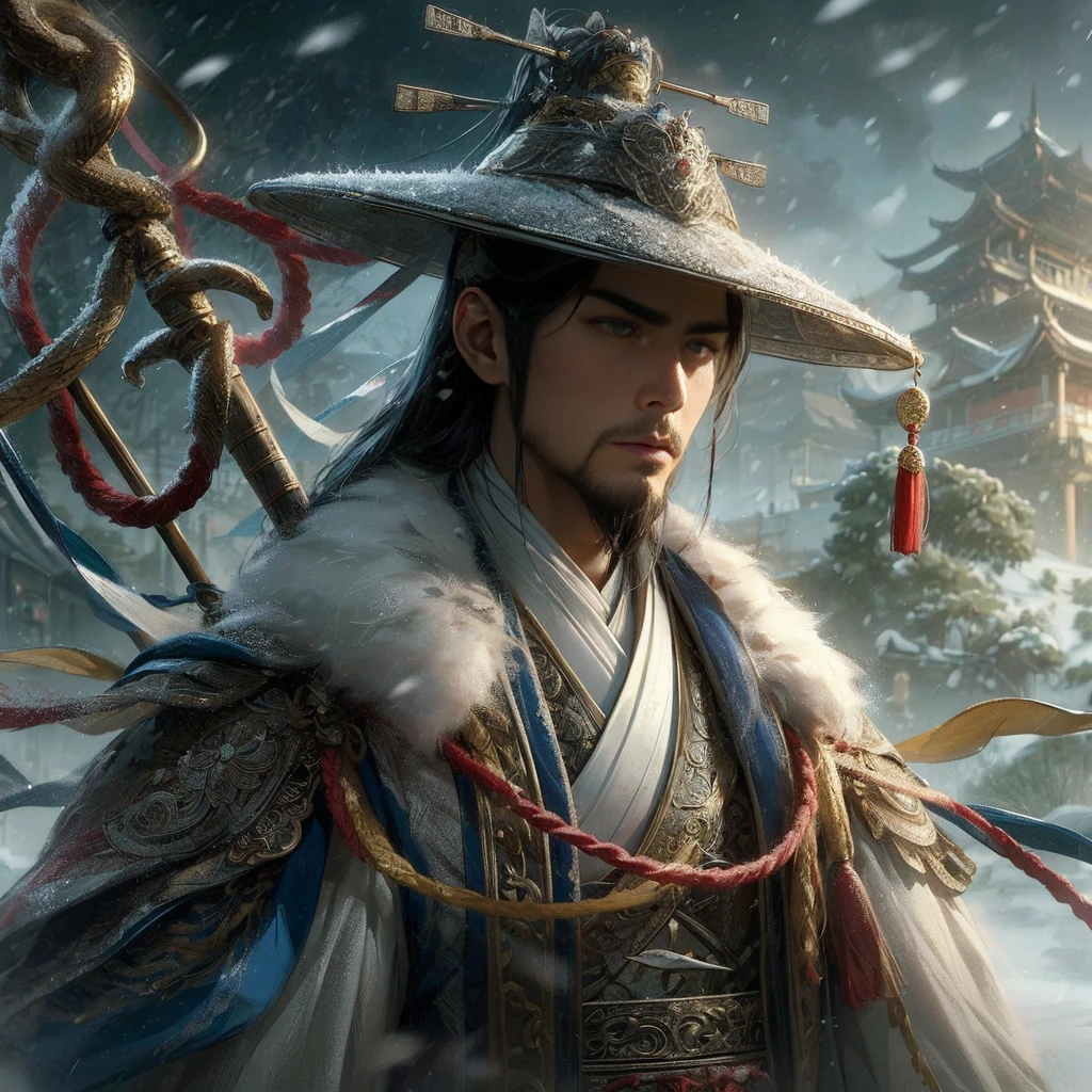 (Masterpiece:1.2), (Best Quality:1.2), (high resolution:1.2), (beautiful face and eye:1.2), (sharpest focus:1.2), (Ultra-realistic Photo:1.2), (Ultra-precise Photo:1.2), (Depth of field:1.2), (perfect anatomy:1.2), (nice hands:1.2),
(perfect hands:1.2), (five fingers:1.2), (Young, fearless, beautiful, shady Chinese man:1.0), (Lonely Chinese warrior with spear:1.0), (Neatly trimmed short beard and tied hair:1.0), (Blazing Chinese period drama style fortress:1.0),
(long spear with serpentine blade and ornate decoration:1.0), (white tsubakuhiro cap and cloak:1.0), (white armor with red, blue, and yellow coloring:1.0), (snowstorm:1.0), (melancholy expression:1.0), (picturesque standing figure:1.0),