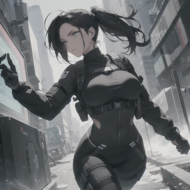 Absurd resolution, high resolution, (masterpiece: 1.4), hyper-detail, full body shot, solo, 1 kemono feline cat woman, black hair, messy ponytail, cute face, detailed soft grey eyes, huge massive hyper super swollen breasts that cover her whole torso and are bigger than her head while being so big they reach her belly button, extremely large bust, wide full hips, narrower torso and shoulders, smaller torso, full thicc big soft thighs, big rounded full soft butt, ruggedized utility styled outfit, full body outfit coverage with no skin showing or revealed, weather-proof durable clothing material, monochrome black and grey fullbody covering protective padding pilot rugged utility suit with white chest, scifi padded rugged high collar techwear jacket, white and black triangular decals and techwear iconography on apparel and clothing, techwear gloves, arm mounted strapped display scifi tablet/communication device/computer, rugged tablet display mounted on MOLLE strap on top of her bust, ruggedized computer tablet mounted above her breasts, screen display mounted on top of her chest, ruggedized tech, ruggedized tech aesthetic, fitted utility pants, utility chaps, near future scifi, cyberpunk aesthetic, anime aesthetic, Death stranding style, halo style