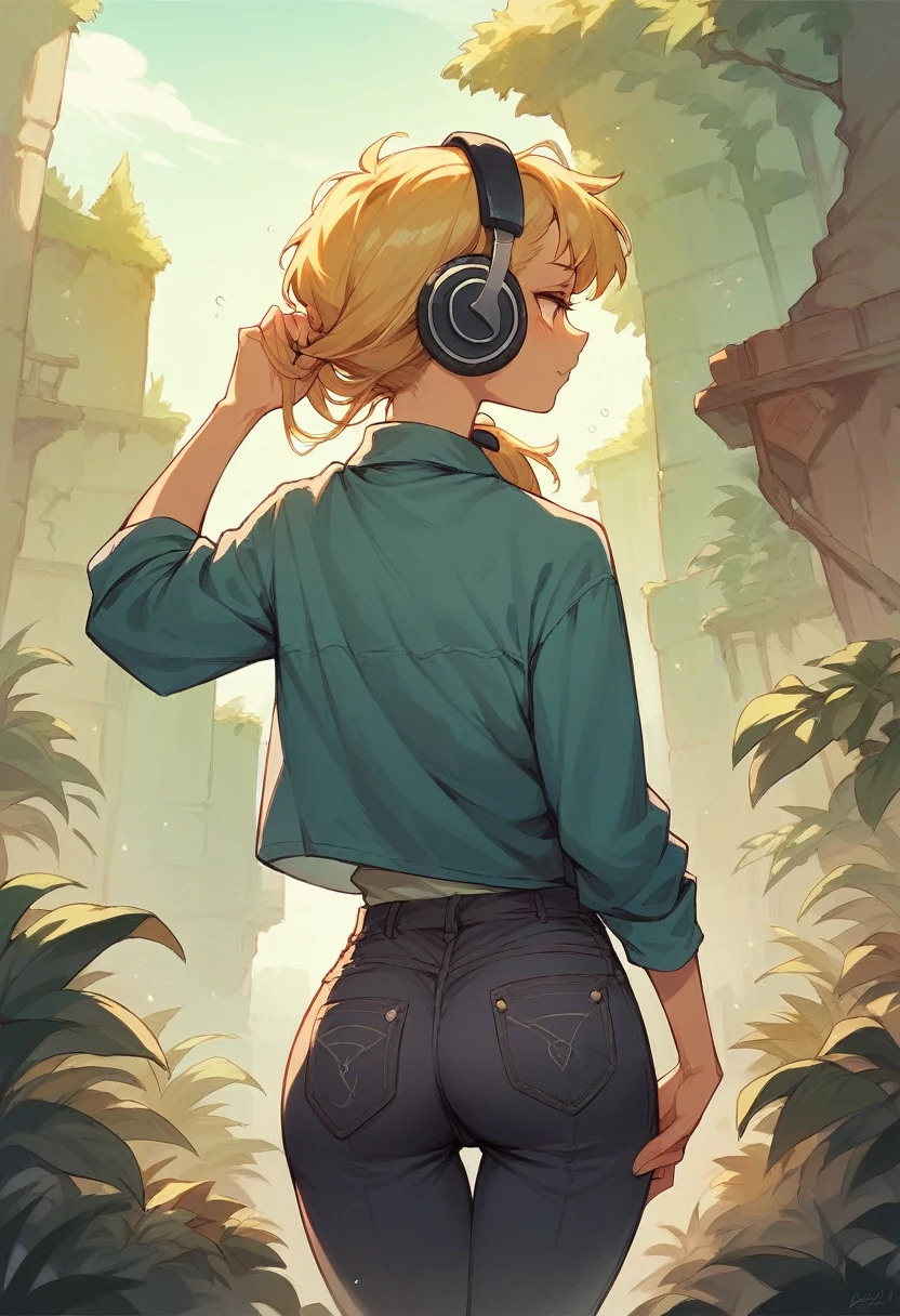 Dark blonde haired girl wearing headphones on her head, 28 years old, only showing the view of her from behind her as she walks into the woods
