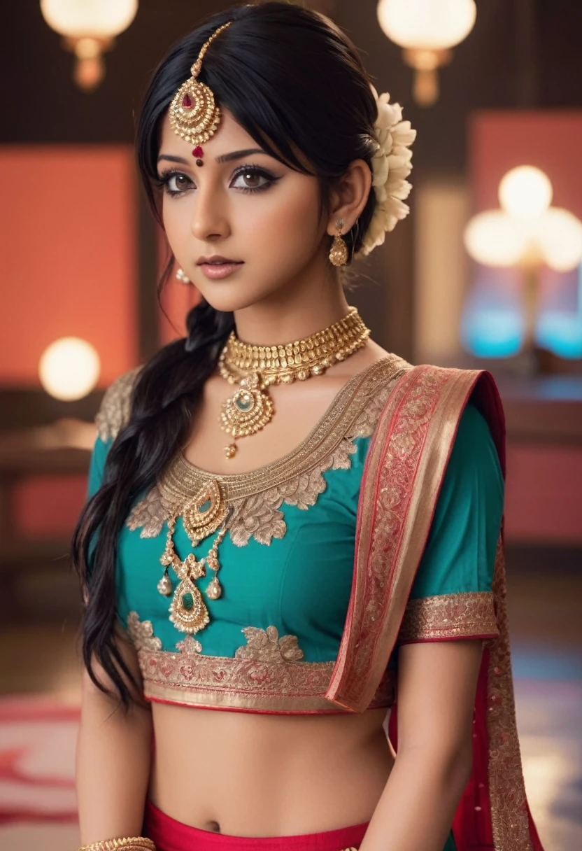 Ultra hd, full hd 8k regulations, masterpiece, ultra realistic,hyuga Hinata, An Extremely Realistic cute Indian Womans, a very beautiful, Indiana, Indian lehenga and big breasts covering with blouse tops and skirts full body, Indian Makeup, wearing jewelry, Indian seduction dancing poses themed background