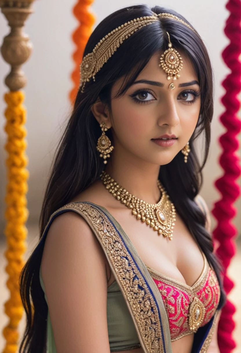 Ultra hd, full hd 8k regulations, masterpiece, ultra realistic,hyuga Hinata, An Extremely Realistic cute Indian Womans, a very beautiful, Indiana, Indian lehenga and big breasts covering with blouse tops and skirts full body, Indian Makeup, wearing jewelry, Indian seduction dancing poses themed background
