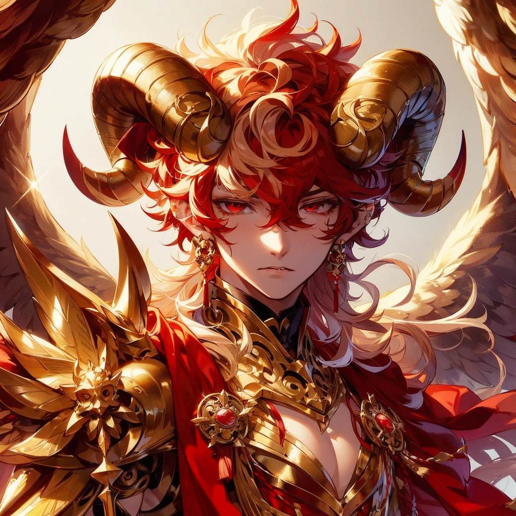 Male Anime style, semi realistic, line-less manga style, anime semi realistic,  Baroque Anime Art Style, Male, fair skin, Sharp Piercing red Eyes, Well-defined slightly arched eyebrows, slightly pronounced nose, clear skin, curly split dye long mullet half rose gold half red, golden ram horns, large wings, big heavy golden armor, big spiky shoulder and arm armor, neck armor, boob window in armor, draped golden jewelry, red cloak, slightly muscular, athletic build, stern motherly vibe, full body