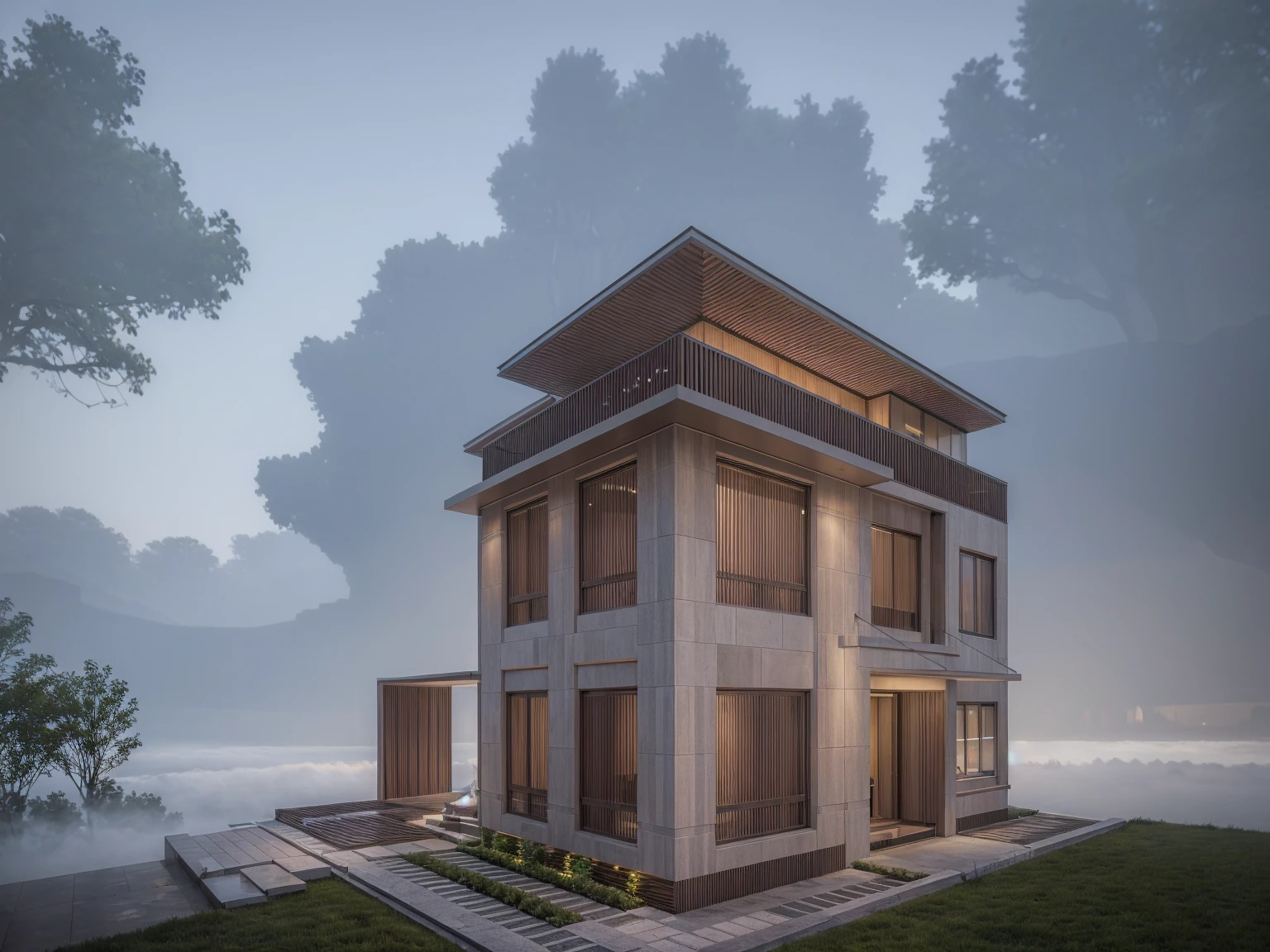 RAW photo, ((white)) modern house, (road:1.3), (sidewalk:1.3), (sidewalk trees:1.3), (residences area:1.4), dawn time, overcast, fog, tropical trees and plants, (high detailed:1.2), 8k uhd, dslr, soft lighting, high quality, film grain, Fujifilm XT3, (sharpen:1.5)