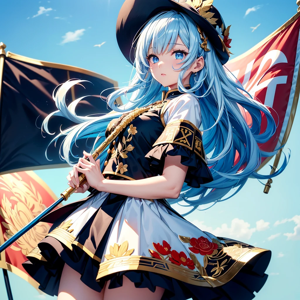 1girl、Dynamic composition、marching band、(((Masterpiece、Highest quality、Official Art、Super detailed、Handsome face、Dynamic composition)))、Anime Style、(Milky white and blue hair:1.3),(blue eyes:1.4),(Bright colors:1.4),((麻の葉background:1.3)),, marching bandのユニフォームを着たクールな女の子, marching bandの帽子、mini skirt, Frills, Black and white with gold embroidered flag held in both hands,（background:Large red flag on the back with gold floral embroidery, Note, )、euphonium、Huge Flag、
