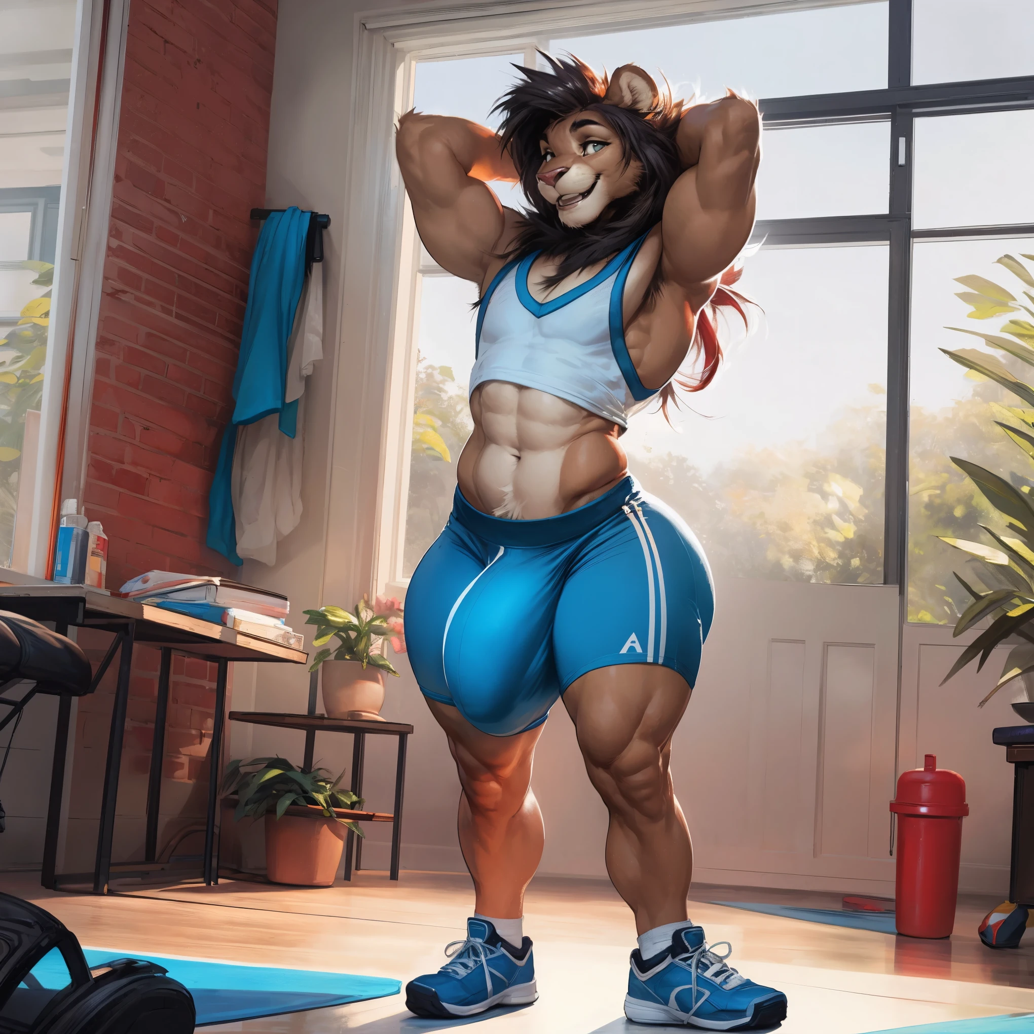 (by darkgem, by boosterpang), solo focus, 1boy, male, lion boy, cute, girly, femboy, short boy, looking up at viewer, smiling, happy, large muscular body, (hyper hips:1.3), (huge bulge), bulgeJ8, long hair, detailed eyes, lust, masterpiece, best quality, lycra shorts, white tank top, sneakers, casual posture, photorealistic, hyperrealistic, ultradetailed, detailed background, photo background, digital drawing (artwork), girly, bedroom eyes, (aerobics class), indoors, looking at viewer, stretching, hands behind head,