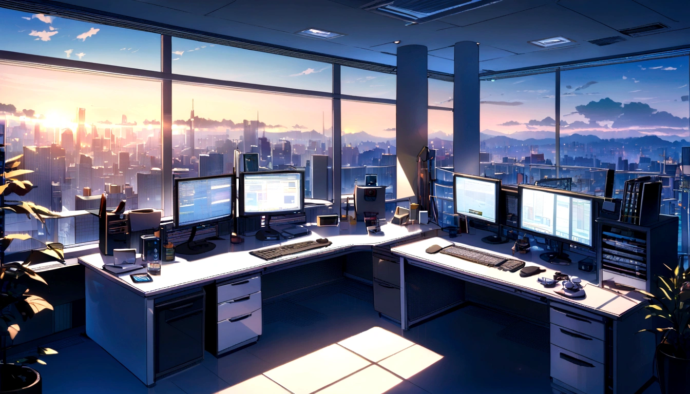 Zoom office background variable income trading desk with computers and accessories, Morning light, Windows, City View