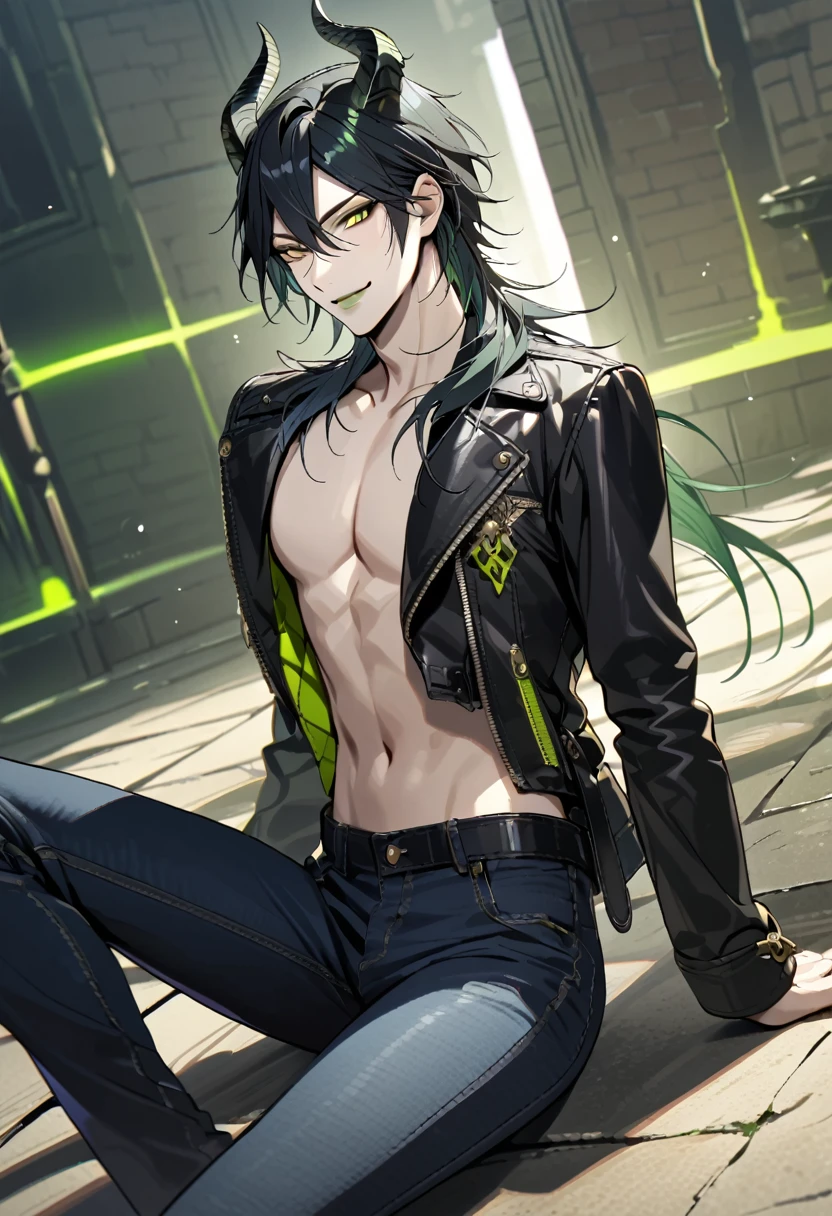 masterpiece, highres, absurdres, illustration, 1boy, sitting on floor, topless, black leather jacket, jeans, dynamic angle, malleus draconia (twisted wonderland) horns, bishounen, boy, male, yana Toboso style, long hair, black hair, yellow green eyes, smile, gray lips, handsome, skinny, tall, yellow green glow,