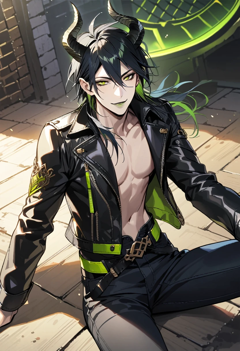 masterpiece, highres, absurdres, illustration, 1boy, sitting on floor, topless, black leather jacket, jeans, dynamic angle, malleus draconia (twisted wonderland) horns, bishounen, boy, male, yana Toboso style, long hair, black hair, yellow green eyes, smile, gray lips, handsome, skinny, tall, yellow green glow,