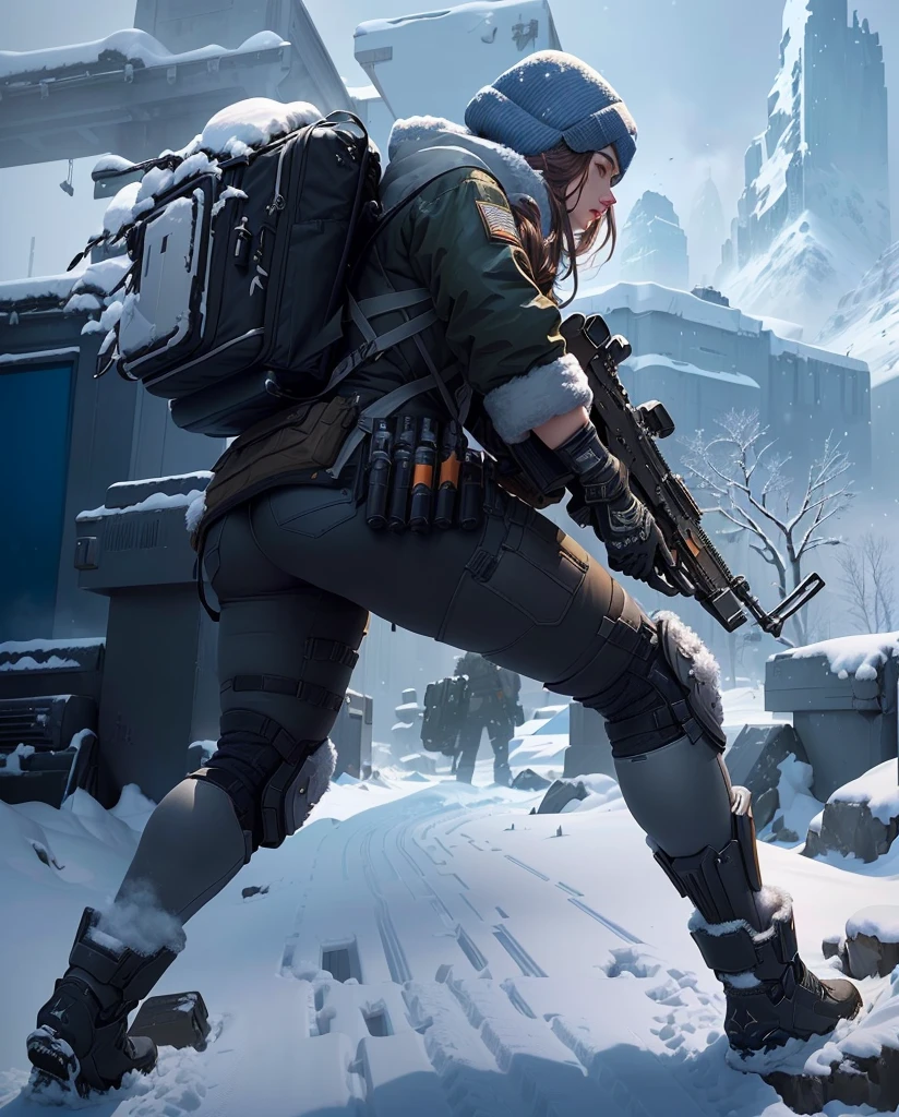 On the snow,A woman with a gun and a backpack, Game Cover, cover Game Art, Winter concept art, Avatar pictures, FPS Game Concept Art, Game Art, Mirror Style\'s edge, The Art of Depicting a Control Freak, Background artwork, Craig Mullins Style, Conceptual art for video games,Lots of details,Correct posture,8K,