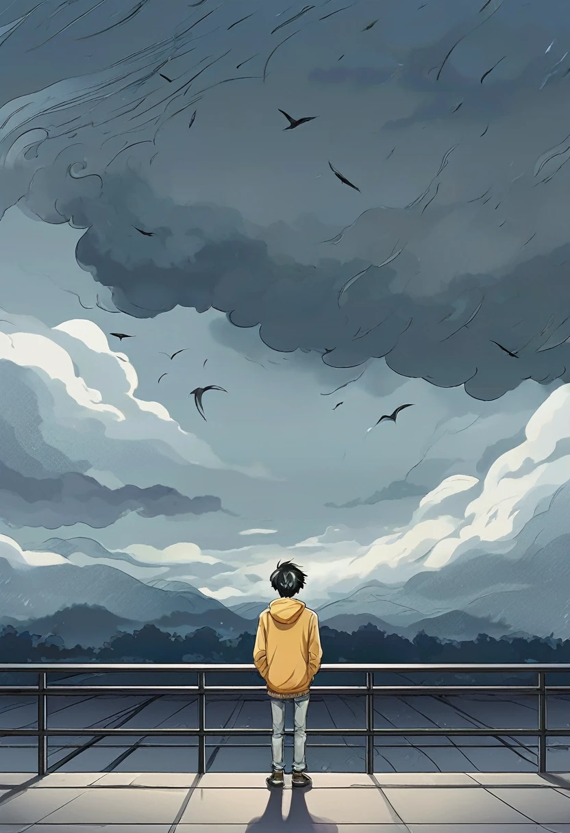 in a gloomy atmosphere and a sad face, a young teenager was standing alone with his face staring at the cloudy sky, manga style,