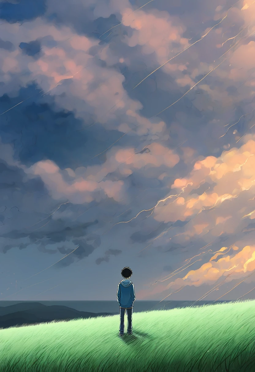 in a gloomy atmosphere and a sad face, a young teenager was standing alone with his face staring at the cloudy sky, manga style,