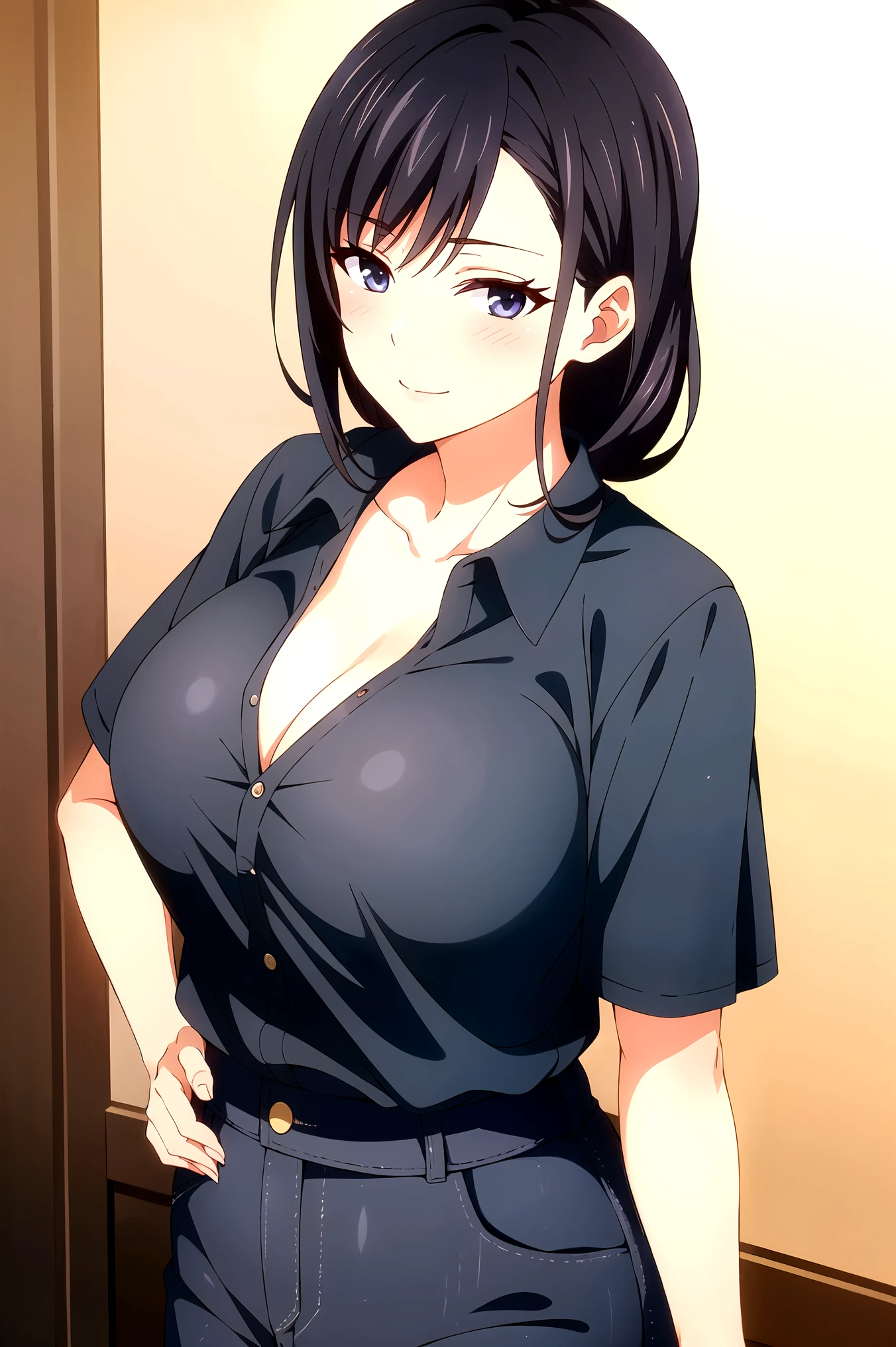 mature women, suzukawa akana, black hair, low ponytail, hair over one shoulder, dark blue eyes, large  , short sleeves plunge tee, cleavage, tucked in, blue jeans, blushing, closed mouth, smile, masterpiece, 8K, HD, perfect face, high quality, best quality, extremely detailed eyes, extremely detailed body, highly detailed, expressive eyes, high res, 1girl, solo, knee length shot, front view, looking at viewer, body facing viewer, pov shot, slightly from above, standing up, straight posture, hands on hips, bedroom