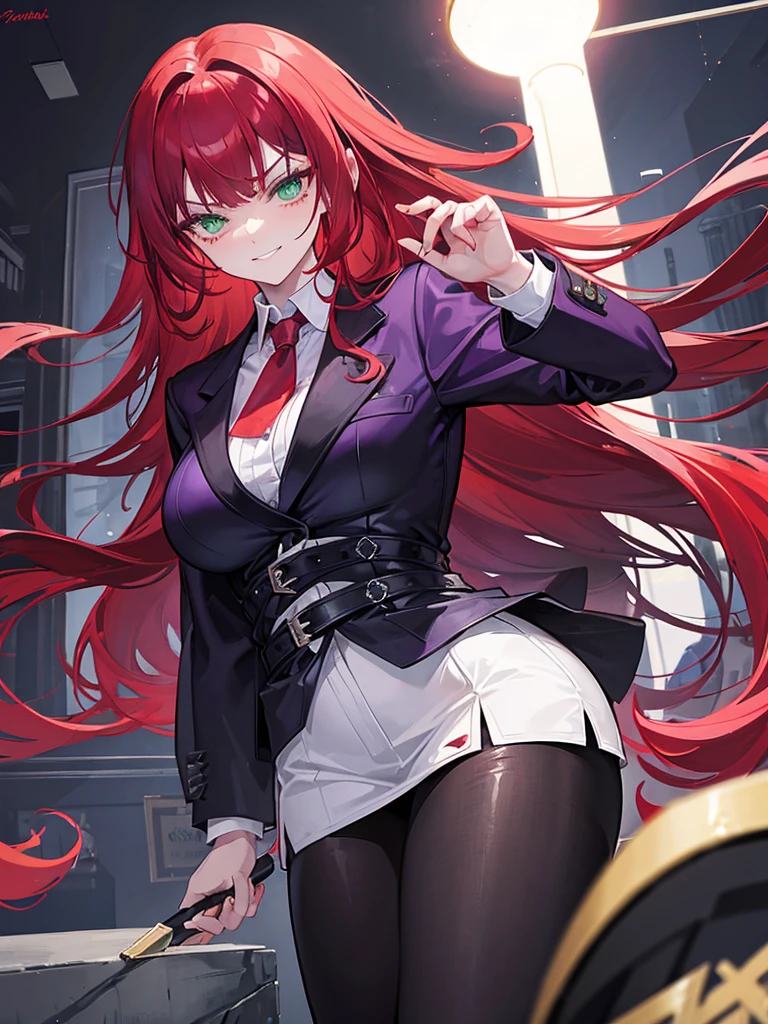 woman, green eyes, long red hair, bangs. she hair wavy. wear purple black jacket, arrogant, independent woman, thug. bad girl. intimidating women. background in mansion. mature woman. mafia. arrogant smile. in night