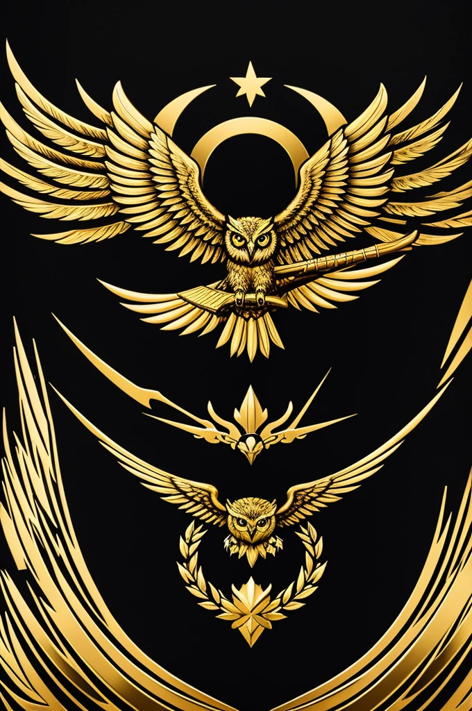 Logo with the fusion of a flying owl and a chihuahua dog, representing justice, courage and loyalty, in black with gold.