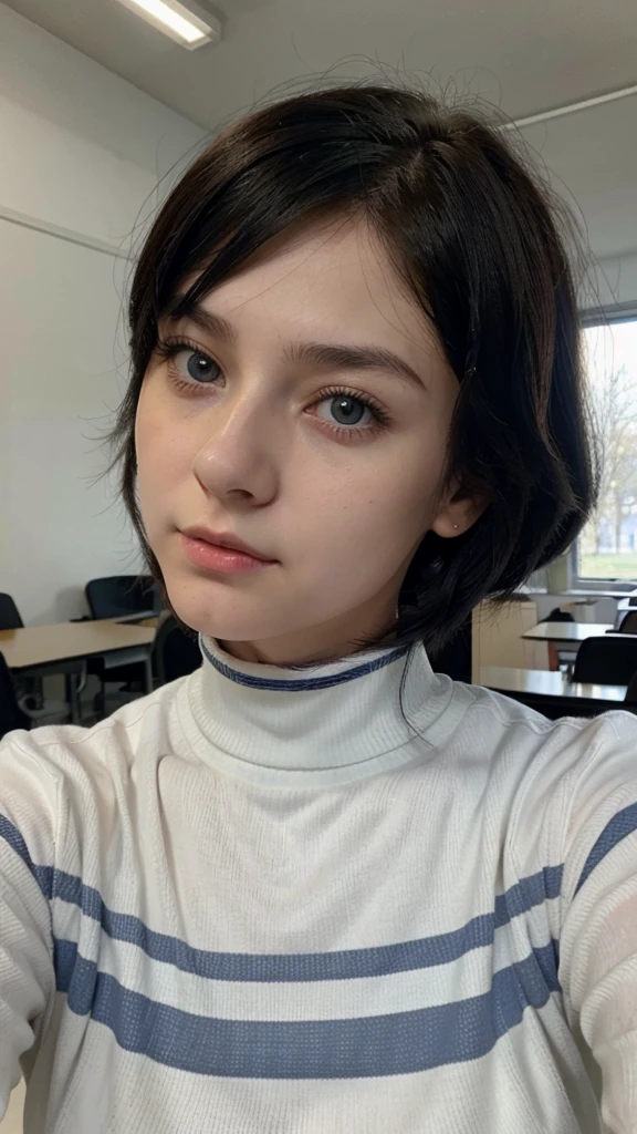 A russian girl selfieing herself in class, around 18, black hair and have a boyish anime hairstyle, blue hazelnut eyes, wearing white turtleneck shirt with stripes.