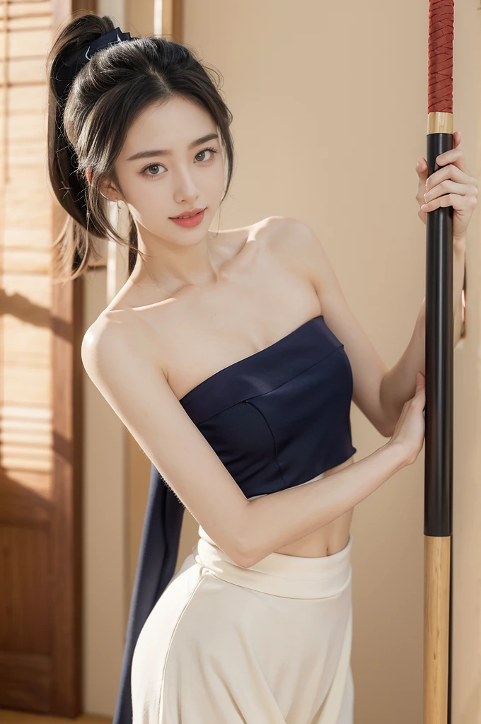 (((best quality))),(((ultra detailed))),(((masterpiece))),illustration,1girl,solo,tonogui,short ponytail,slim,thin,small breasts,flat chest,strapless white tank top,maxi navy-blue kendo hakama,standing in kendo gym,(holding a bokuto:1.3),arms behind back,focused and determined expression,ready for challenge,slender and elegant face,confident and resilient,fair skin,blush,neat teeth,bright smile,clean and tidy uniform,wooden gym floor,wall,pine scent,standard grip,ready to slice through obstacles,strong belief,determination,spirit of resilience,admiring,from front,upper body,