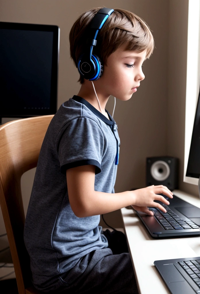 boy facing a computer listening to music 